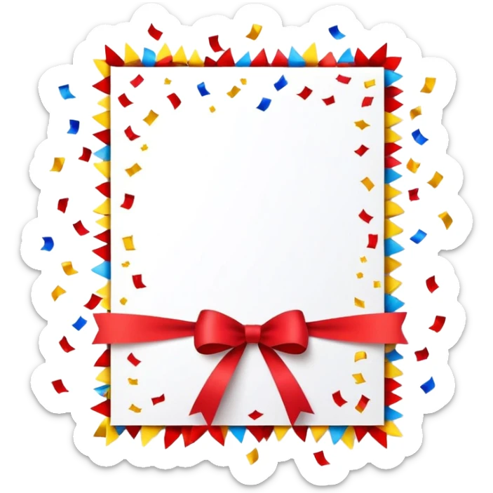 festive invitation card with a ribbon and colorful confetti around it sticker