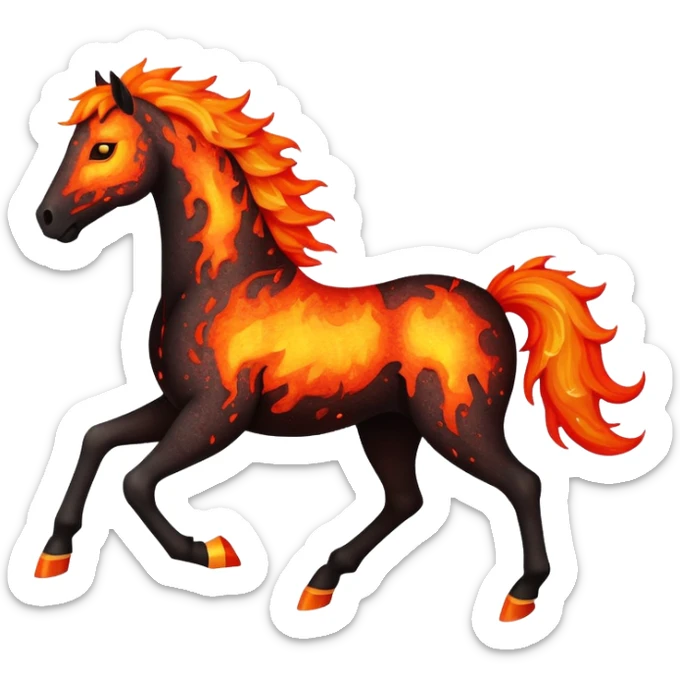 A fast-running fire horse made of embers, magma, and visible lava, with burning mane and ash particles sticker