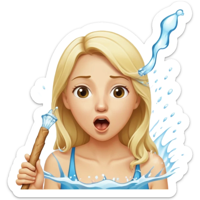 blond woman eating a stick the same color as her skin, water stream squirting directly from the stick into her open mouth, surprised expression sticker