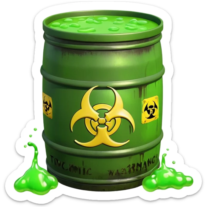 3D render of Biohazard Barrel, toxic waste aesthetic, neon green bubbling liquid, caution yellow metal, industrial warning texture, Apple emoji style, isolated on white background --v 6.0 sticker