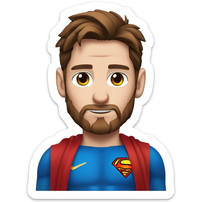 Messi with blue eyes, with a goat, redish brownish hair redish beard, blue eyes, dressed as superman sticker