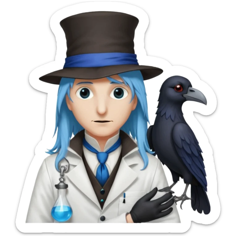 Plague Doctor with light-blue beautiful hair, long hair tendril bangs down on the sides, white lab coat, blue cravat, black feathers on shoulder, raven companion, black gloves, red eyes sticker