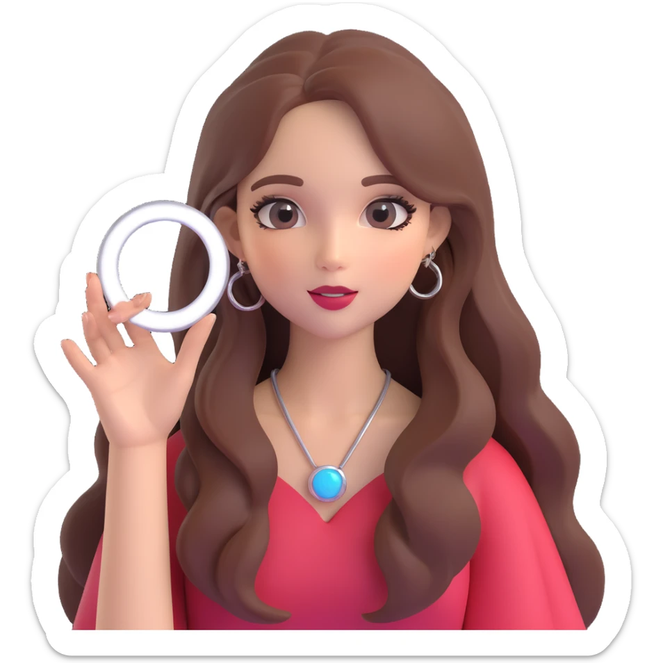 influencer girl, glamorous, makeup, long hair, holding a ring light, beauty vlogger, 3D emoji style sticker