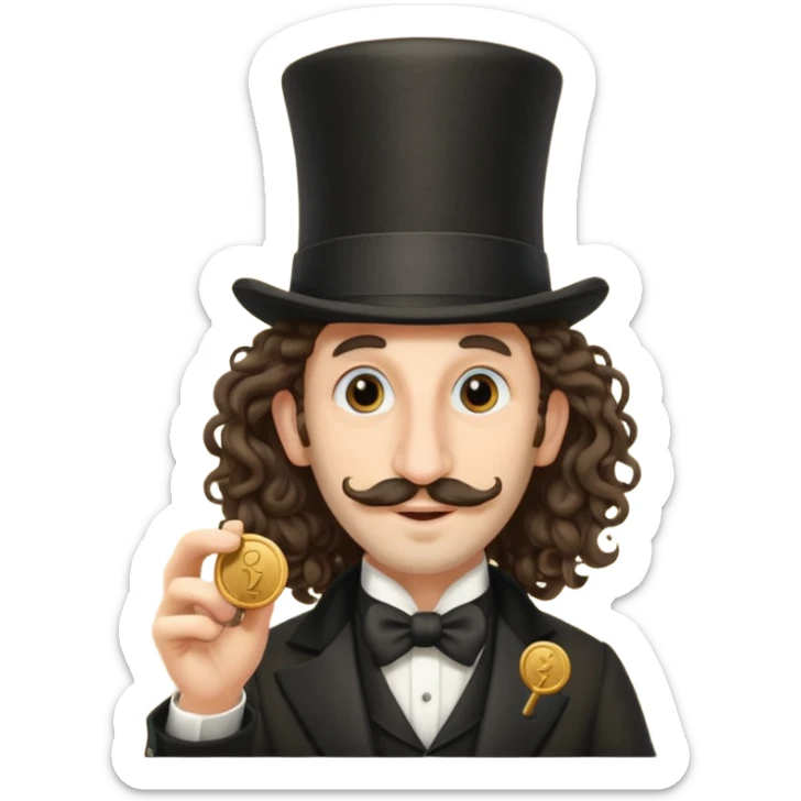 Jewish man with a long nose that sticks out a top hat slightly long curly hair and a penny in his hand sticker