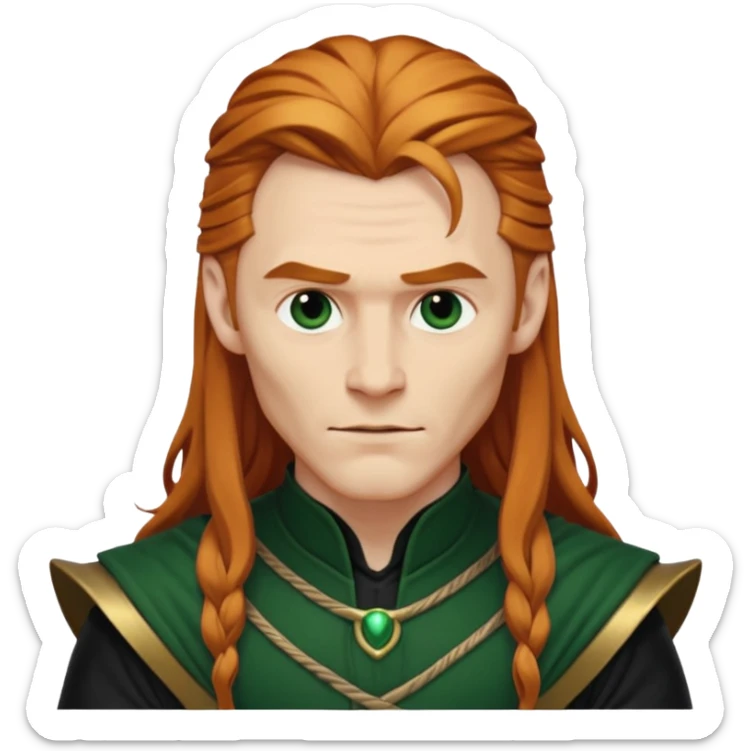 Loki, Mischief God from Norse Mythology with long reddish blonde hair, dark green and black outfit sticker