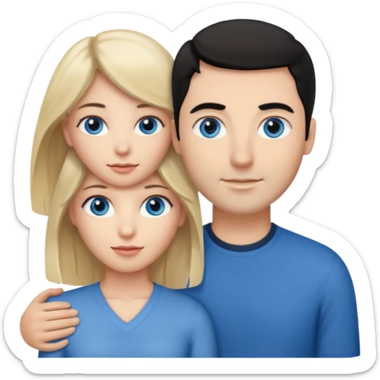 Blank woman with blond hair and blue eye color on left. And also a blank man with black hair and grey eye color in the middle. And a blank woman with brown hair and grey eye color on the right. Holding each other  sticker