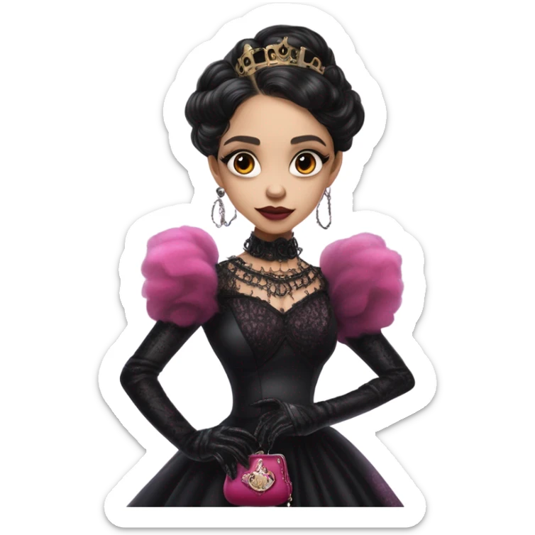 provocatively flirty Lavish black evening gown with see-through gloves, Jenna Ortega as Addams woman prom queen wearing a steampunk mini tiara, very large blood  pink evil-looking horned old dragon purse sticker