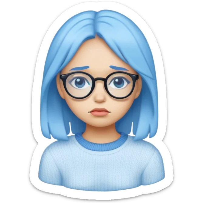 Blue sad face girl emoji with glasses wearing sweater sticker