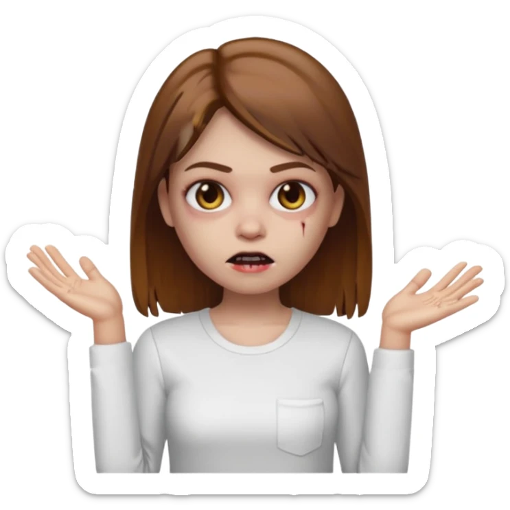 Memoji Zombie Girl with brown straight hair and basic white shirt On sticker