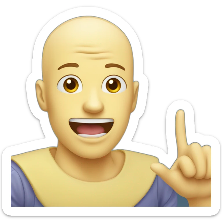 a bald yellow emoji with freckles and a round head pointing the index finger skywards. It has two prominent upper incisors, while the lower incisors are hidden by the lower lip. sticker