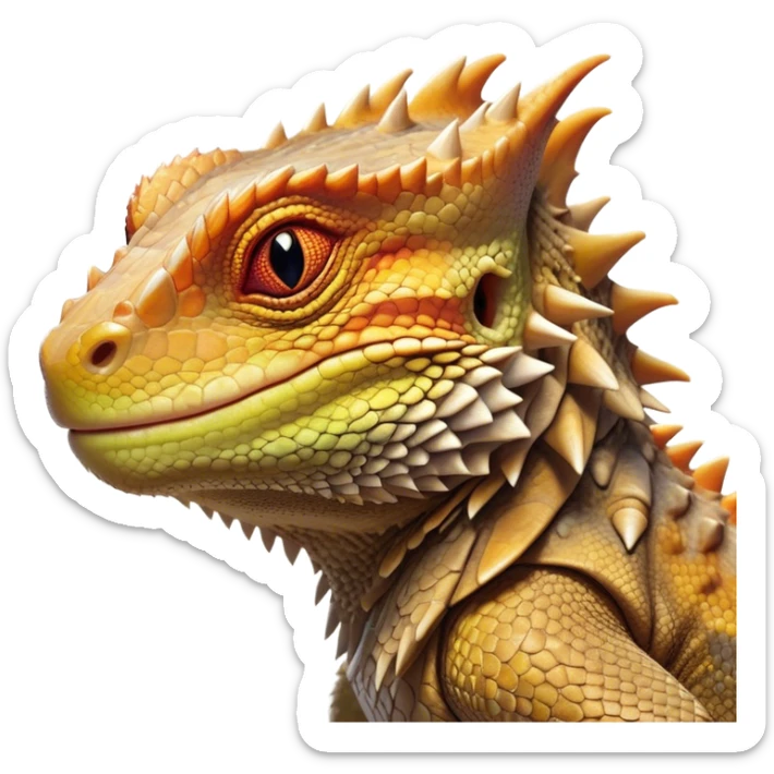 Cinematic Noble Bearded Dragon Portrait Emoji, Poised and regal, with a robust, angular build and a textured, scaled hide in earthy olive and sandy tones, a prominent spiky 'beard' beneath its chin and a keen, alert gaze, Simplified yet sharp and sophisticated features, highly detailed, glowing with a soft, dignified glow, high shine, intelligent and fierce, stylized with an air of desert majesty, focused and attentive, soft glowing outline, capturing the essence of a watchful and commanding reptile, so majestic it feels as though it could scuttle out of the screen with effortless authority! sticker