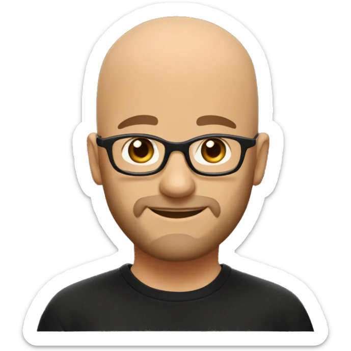 Bald man with round glasses, short beard, oval face, wearing a black t-shirt, with warm brown eyes, and smiling warmly sticker