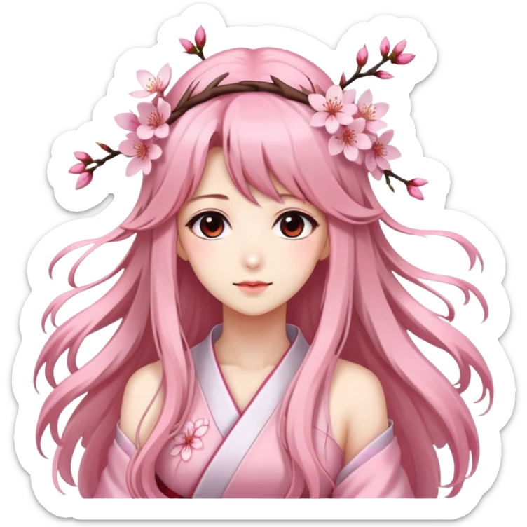 A Gorgeous Beautiful Anime Lady with a Sakura Cherry Blossom Headdress and Pretty Hair  sticker