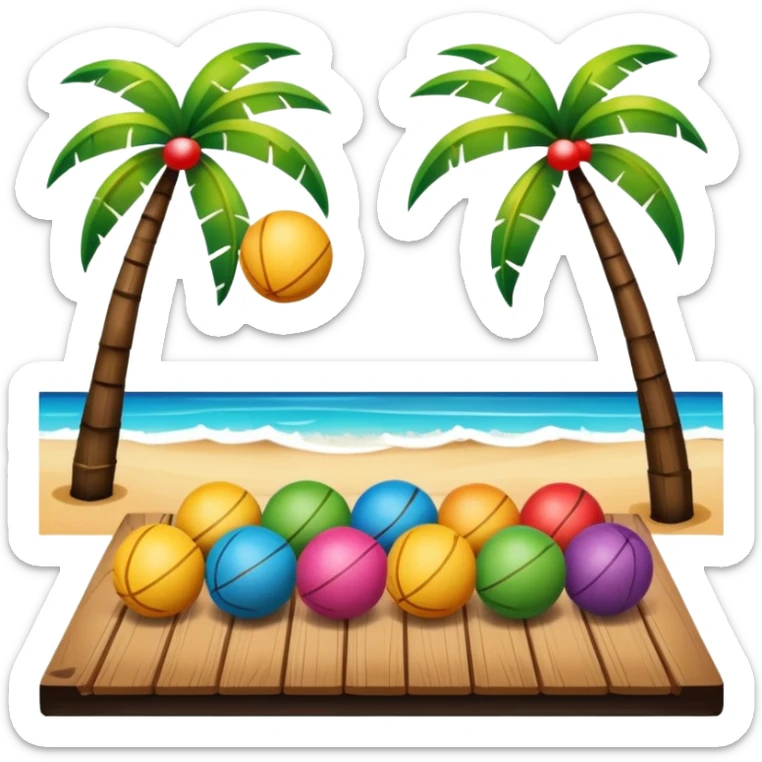 summer vibe frame with colorful balls, planks, and coconut trees, emoji style sticker