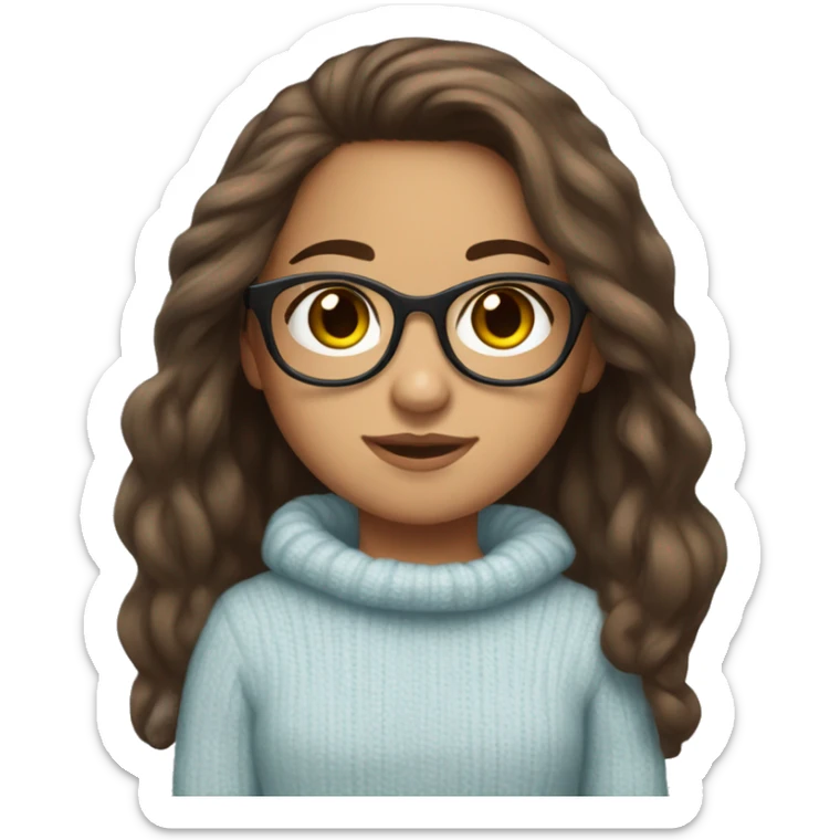 hispanic girl, long brown hair, brown eyes, full body, glasses, young, light blue winter sweater sticker