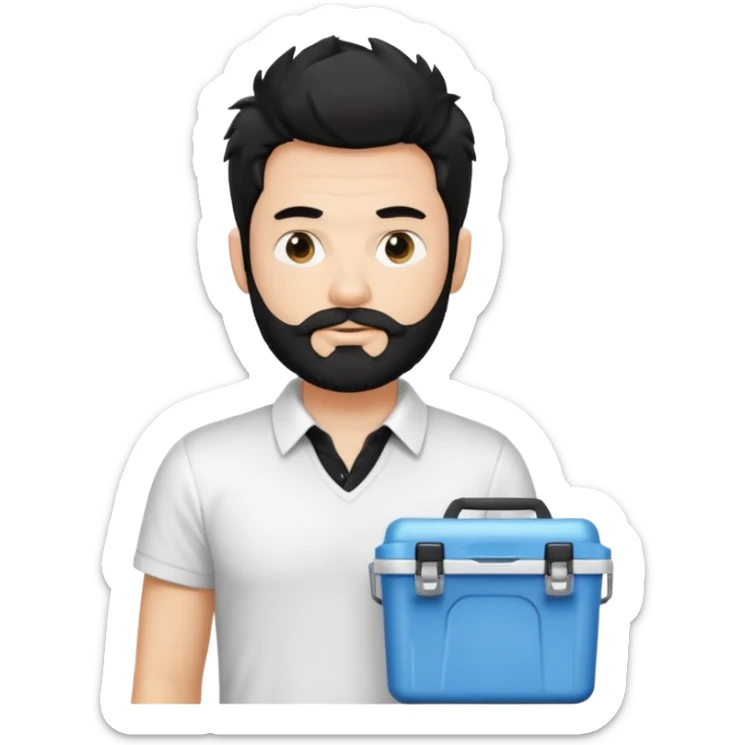 A white guy with coolers and white collar t shirt  and the beard for him is at the chin area only and not moustache ,the hair is fuzzy and black in colour sticker