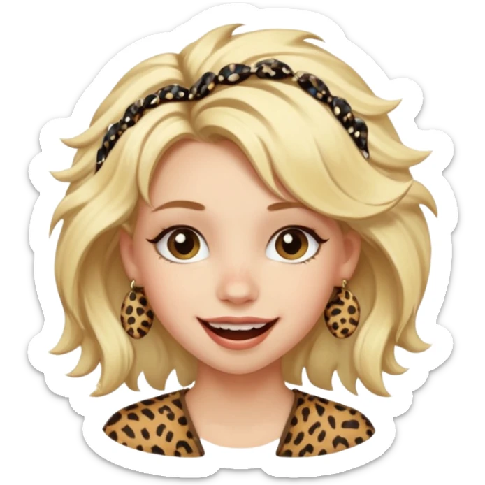 Une fille blonde et joyeuse. Elle porte une coiffure rock et originale avec des pinces pour cheveux  léopard et motif peau de vache. sticker