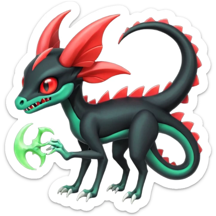 Horned Obsidian-black and neon-glowing-green skeletal Meloetta-Salandit-Gorebyss-Salazzle-Pokémon-Fakémon-creature-fusion-hybrid with glowing crimson-red evil slit eyes sticker