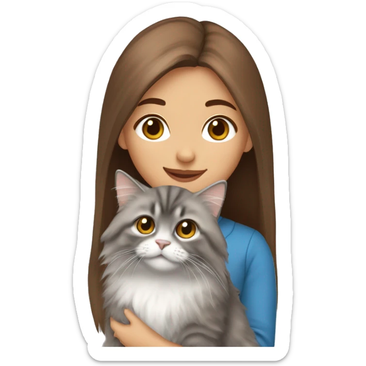  Chestnut brown straight hair girl holding fluffy Siberian gray cat  sticker
