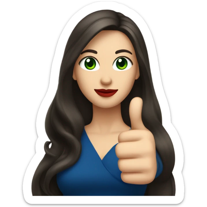 
a brunette with long hair and green eyes, with red lips and in a dark blue dress shows a thumbs up sticker