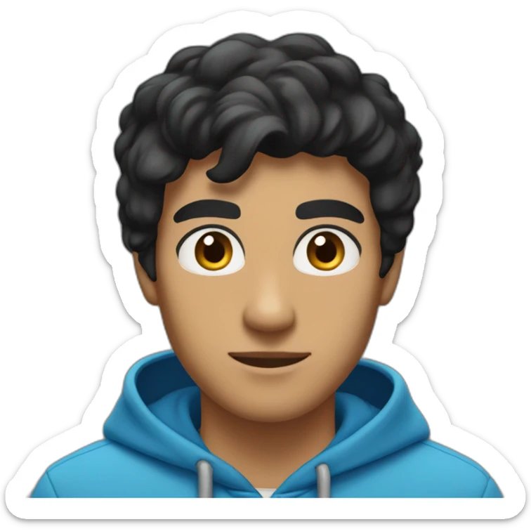 Tan skin with black hair and thick eyebrows young handsome adult male wearing a blue hoodie sticker