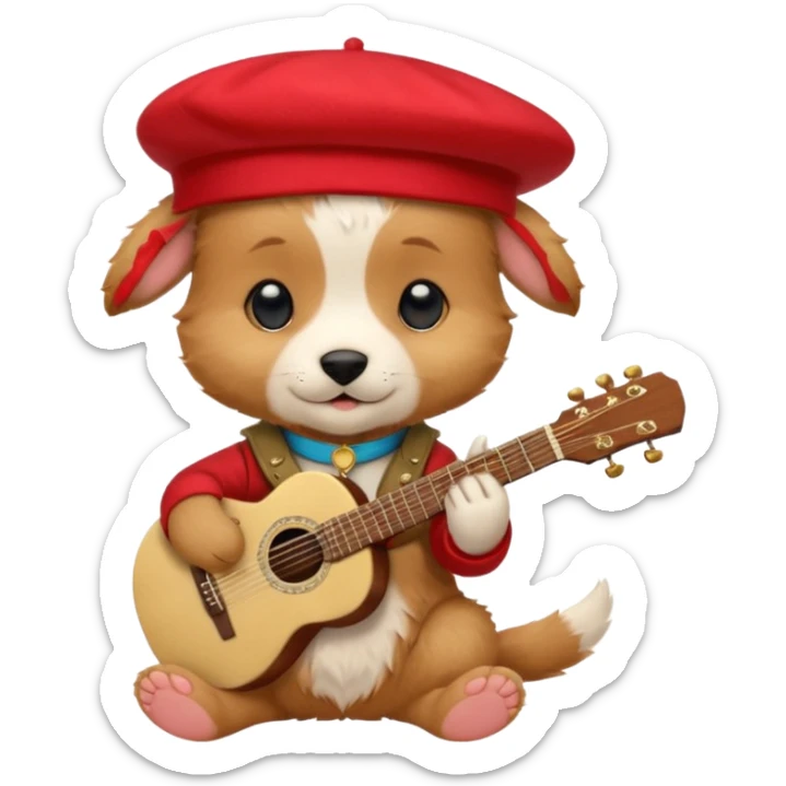 Steampunk:a very cute and adorable anthropomorphic puppy with a red beret is playing an acoustic guitar sticker