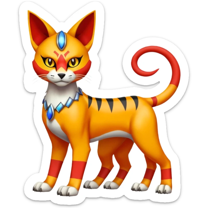 Colorful orange red black yellow Bastet-Gatomon-Vernid-Protogen-Digimon-Fakémon-Pokémon-creature  (full body) sticker