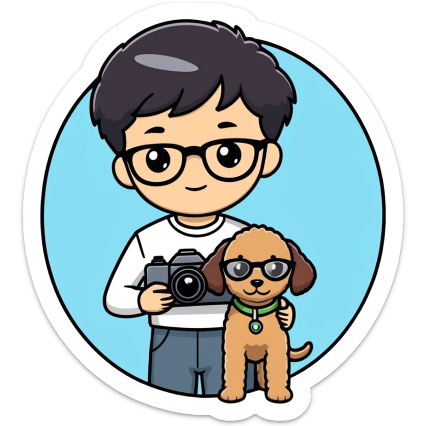 A little boy with straight black medium-length hair, white skin, and black eyes wearing black-framed glasses is taking photos on a UFO with a camera. Beside him, there is an alien and a brown round-headed teddie poodle. sticker
