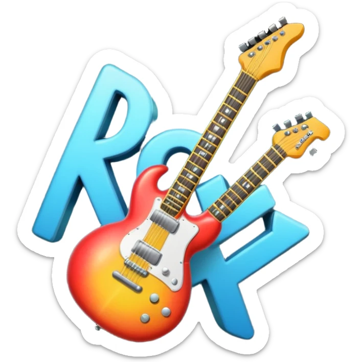 A 3D Apple-style emoji showing the word "ROCK" in bold metallic letters, with a small electric guitar leaning on the text, vibrant glowing effect, playful and energetic cartoon style, symbolizing rock music. sticker