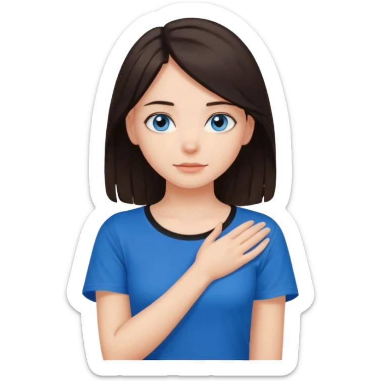 Girl with dark brown hair thats about shoulder lenght with blue eyes putting two hands on their neck in a black tshirt sticker