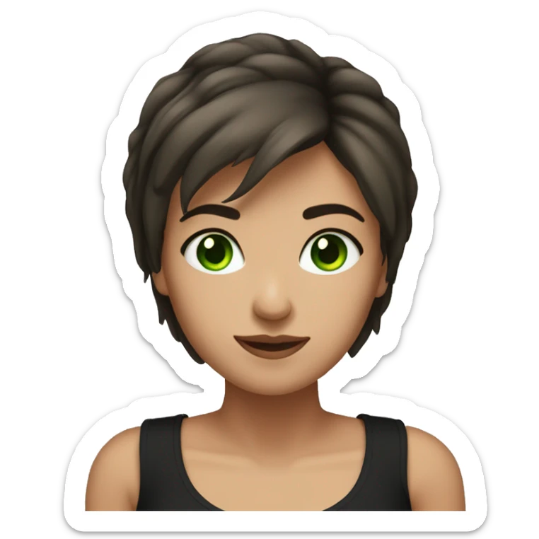 brune lady with short hair, face angle, green eyes with black tank top. sticker