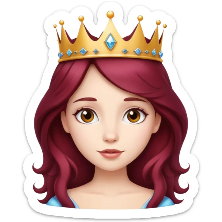 Beautiful long burgundy haired girl wearing a princess crown sticker
