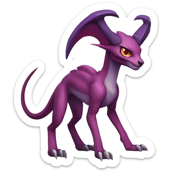 Mauve-maroon-red-violet-colored edgy anthro-genesect-raptor-scalie-sona-Fakémon-hybrid with a mane on head and back and horns full body sticker