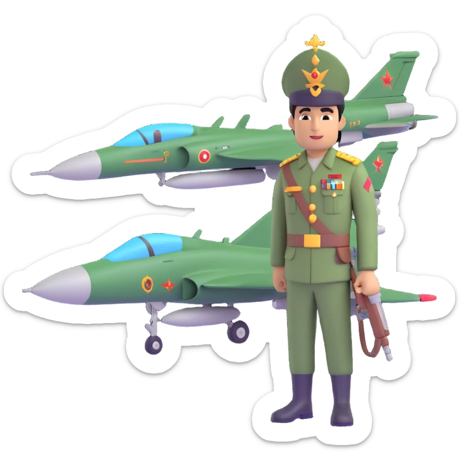 Pakistani soldier with a regal king's hat grasping an Indian fighter jet, cartoon style sticker