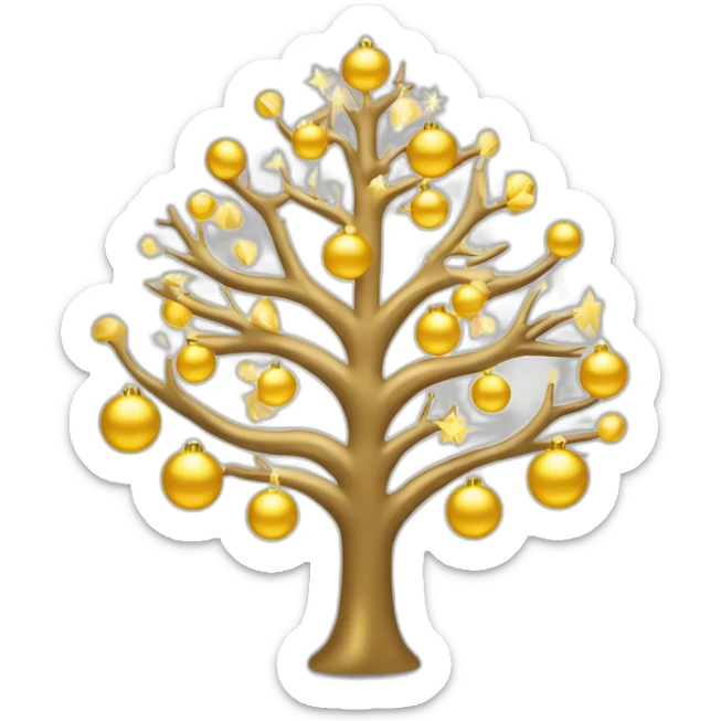 árbol de navidad con esferas color dorado y luces blancas con "feliz Navidad" sticker