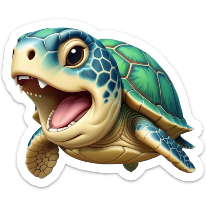 Cinematic Cute Yawning Sea Turtle Portrait Emoji, Head tilted slightly with a dramatic, wide-open yawn, showcasing a stately, patterned shell and a smooth, aged body with sleepy, half-closed eyes, Simplified yet irresistibly adorable features, highly detailed, glowing with a soft, cozy oceanic glow, high shine, relaxed yet expressive, stylized with a dash of whimsical marine charm, soft glowing outline, capturing the essence of a drowsy yet affectionate sea turtle that appears ready to stretch out for a nap! sticker