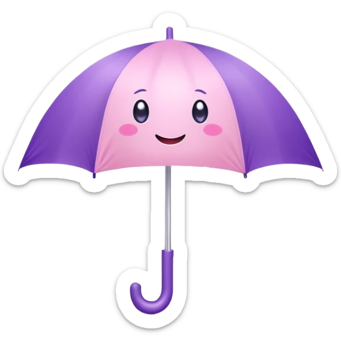 Cute Kawaii Umbrella, small and cute, soft pastel pink and purple, tiny rain droplets smiling down, a chubby round handle, big sparkling eyes full of joy! sticker