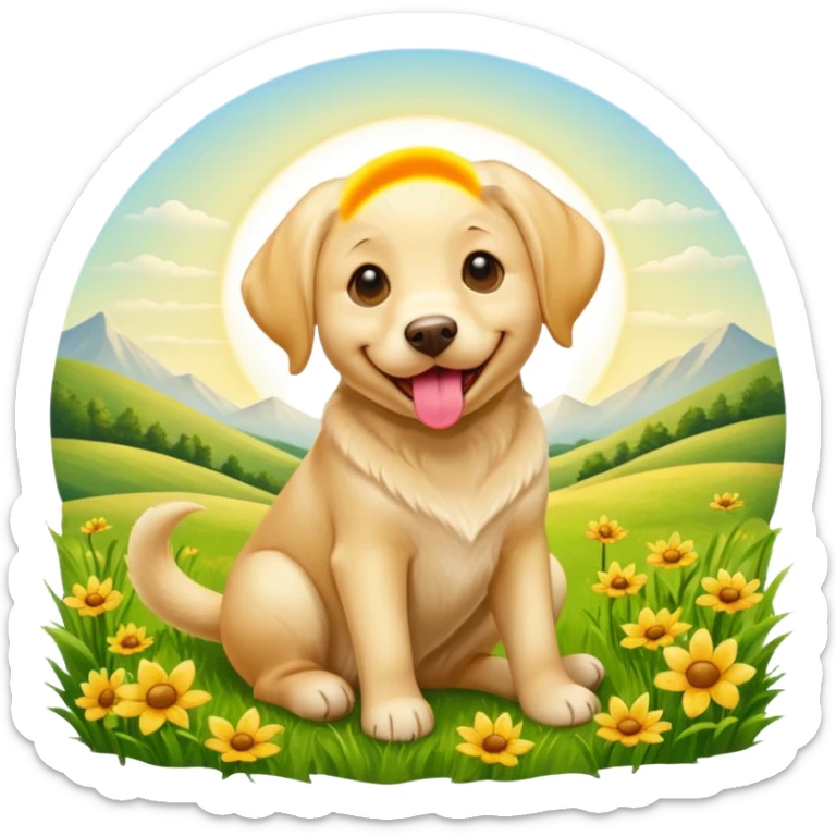 A yellow Labrador Retriever sitting on a grassy field, smiling with its tongue out under bright sunlight. Realistic lighting, outdoor park setting, friendly expression, high detail. sticker
