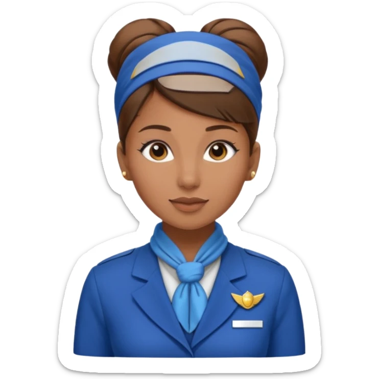 Light Brown skin flight attendant, brown hair in a bun, blue uniform, blue neck scarf sticker
