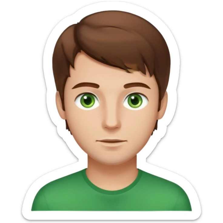 young man with brown hair that goes really high up, green eyes wide open sticker