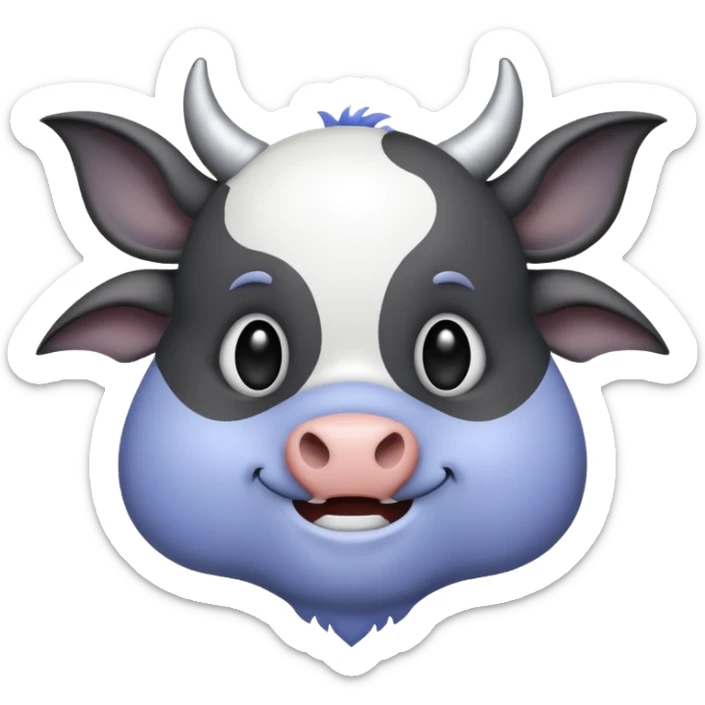 cow and bat hybrid emoji with dark grey, light grey, white, and periwinkle colors, bold shapes, high contrast, easily visible for Discord and Slack sticker