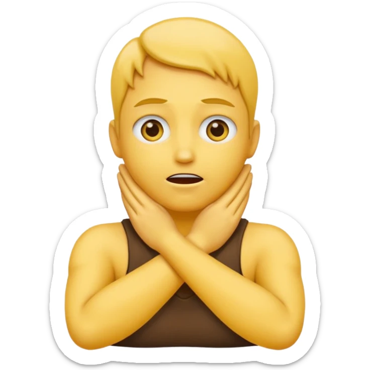 Yellow face emoji strangling itself with 2 arms crossed and hands saround neck and eyes looking up slightl sticker