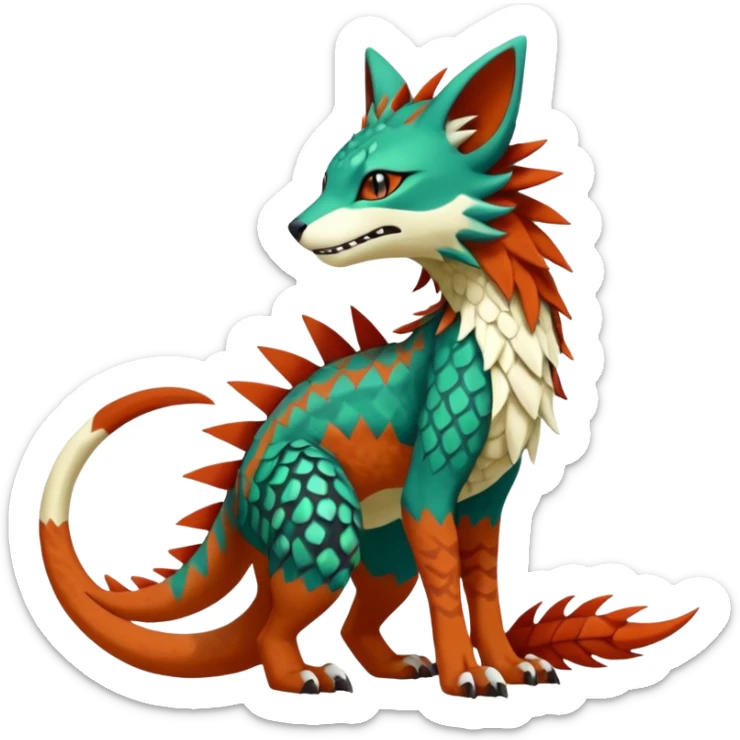 Kawaii cute reddish orangish greenish exotic tribal beautiful pretty elegant divine edgy feline-vernid-sergal-Fakémon-Pokémon-Digimon-fursona-animal-creature with accessories, jewelries, full body, with intricate detailed markings, furs, fins, scales, spiny sticker