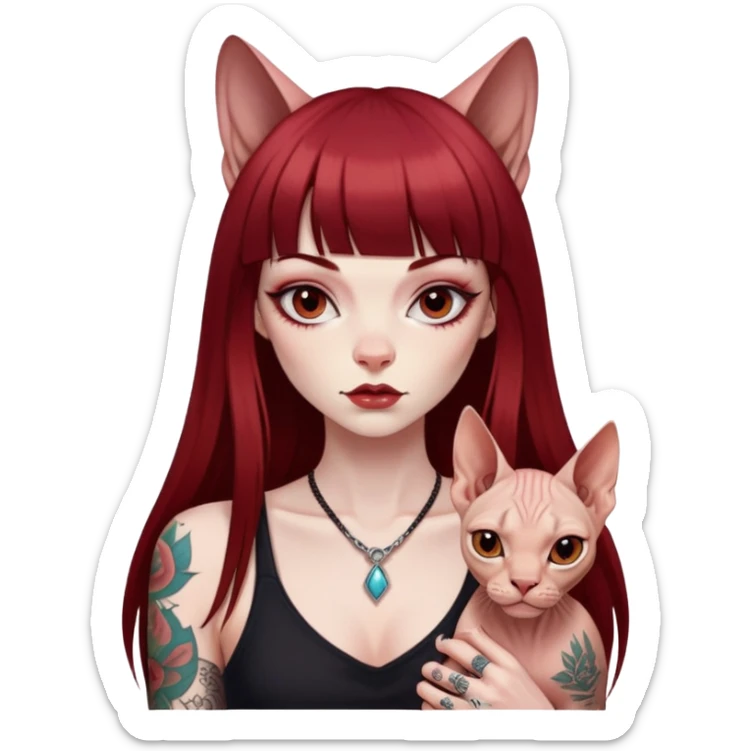 girl with long dark red straight bangs hair and tattoos and a Sphynx sticker