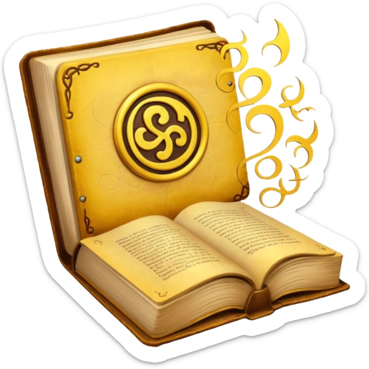 mystic yellow book, open with swirling energy, mysterious symbols sticker