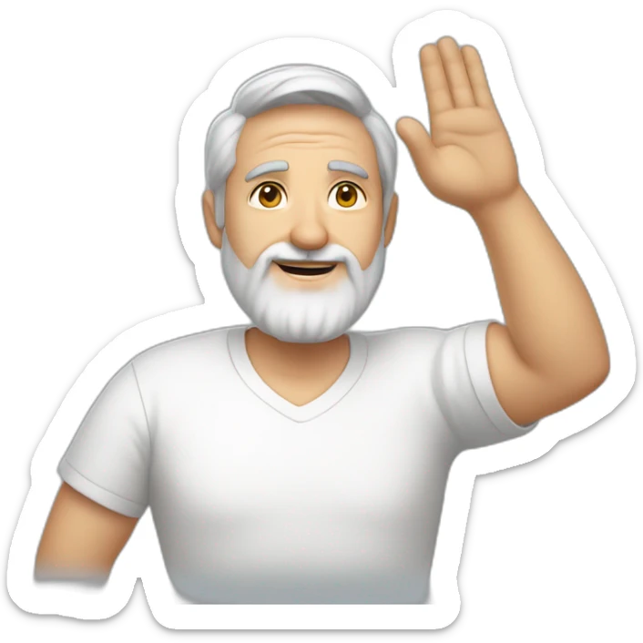 28 old man with dark brown hair and a 3 day beard wearing an oversized short sleeve white t-shirt waving hello sticker