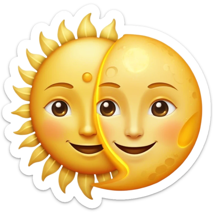 a really bright  big sun and a small moon who shines because of it. the sun is bigger and the tiny \moon bright too beside it smiling looking at each other sticker