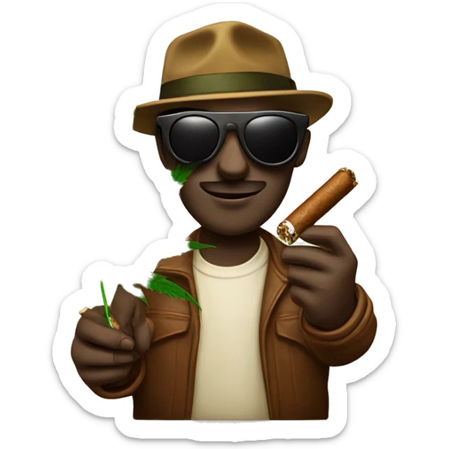 a cannabis leaf wearing shades and holding a cigar in one hand, a brownie in the other hand sticker