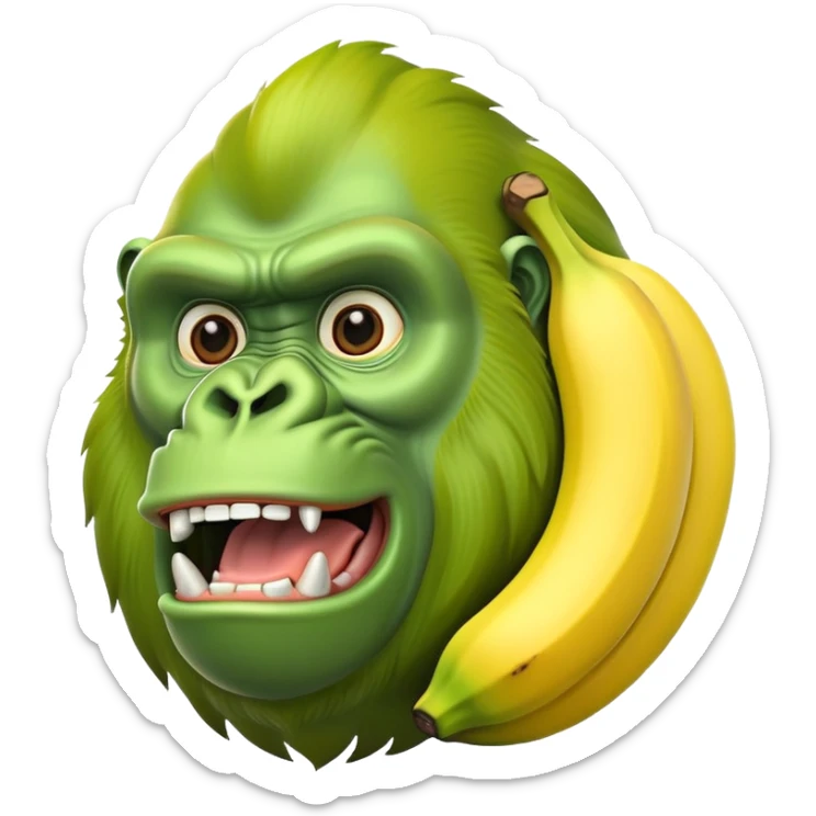 A yellow curved banana with a bright green gorilla head at the top, with gorilla facial features sticker