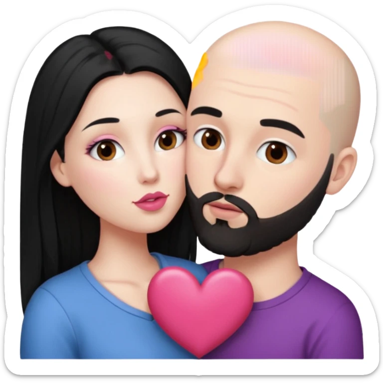 👩🏻‍❤️‍💋‍👨🏻 this one but the man should be bald. white woman with long black hair and white bald young man whoitiut hair and a heart between their heads. she has pink lips and both have brown eyes. he has e full beard but short. sticker